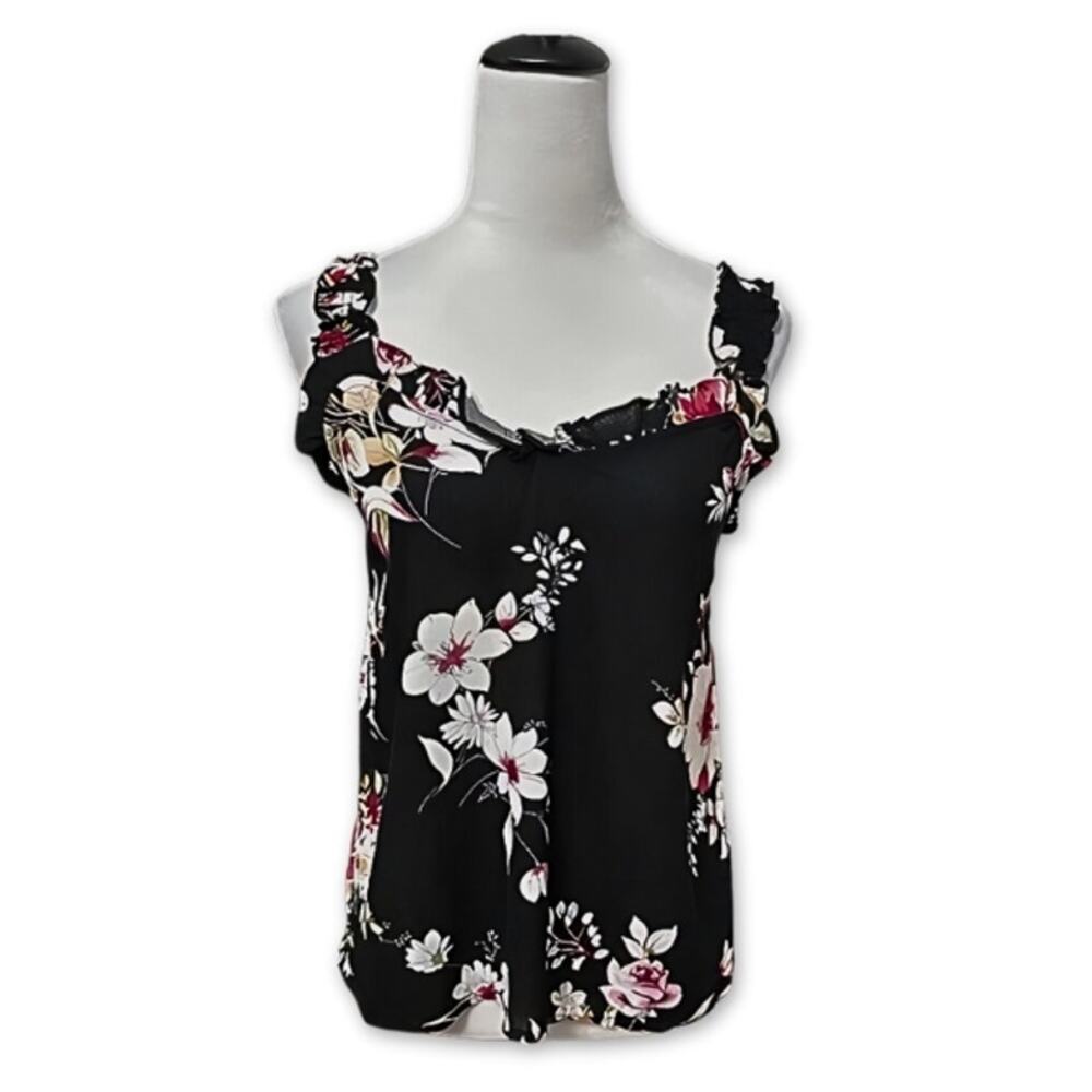 Gibson Look Tank Top Ruffle Detail Rayon Floral Black/Multicolor Women's S NWOT